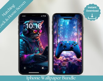 Fondo de pantalla para móvil con diseño de gato gamer neón (descarga digital)