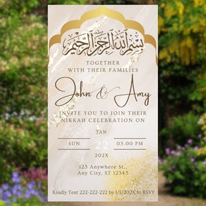 May include: A white and gold wedding invitation with an Islamic calligraphy design. The invitation reads "Together with their families, John & Amy invite you to join their Nikkah celebration on Jan 22, 202X at 5:00 PM. 123 Anywhere St., Any City, ST 12345. Kindly Text 222-222-222 by 1/1/202X to RSVP."