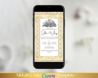 Invito digitale per Nikkah in oro con motivi geometrici, matrimonio musulmano (modello Canva)