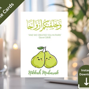 Cartão de presente de casamento muçulmano para impressão, cartão de peras verdes nikkah mubarak cartão de presente de casamento islâmico nikah mubarak cartão de presente nikkah para impressão