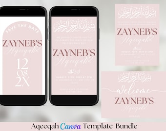 Invitación para la ceremonia de Aqeeqah de niña, diseño floral rosa (descarga digital)