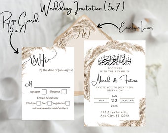 BOHO Pampas Grass Nikkah Invitation Printable Muslim RSVP Wedding Card Printable Nikkah Invitation Boho Modern Nikkah Invites Walima Card