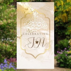 May include: A white and gold wedding invitation with Arabic calligraphy and the text "Celebrating J & A" with a heart between the initials.