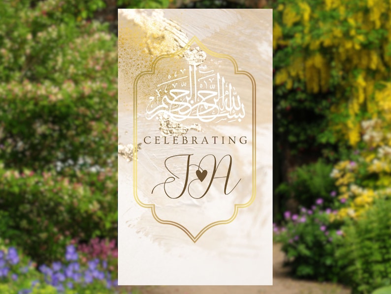 May include: A white and gold wedding invitation with Arabic calligraphy and the text "Celebrating J & A" with a heart between the initials.