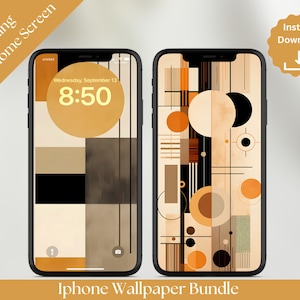 Puede incluir: Un conjunto de dos fondos de pantalla para iPhone a juego con un diseño abstracto geométrico en tonos marrones, beige y negro. El fondo de pantalla de la pantalla de bloqueo presenta un círculo grande con la hora 8:50 mostrada en él. El fondo de pantalla de la pantalla de inicio presenta un diseño más complejo con múltiples círculos y líneas.