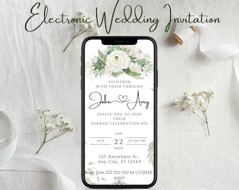 Digital Muslim Wedding Invitation Template WHITE PEONY Floral Nikah Invite Islamic Walima Card Editable Reception Bismillah Wedding Evite
