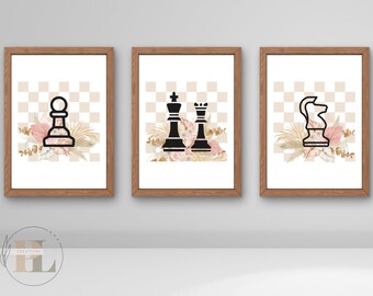 3 panel chess floral digital wall art fantasy themed chess set art chess piece decor digital chess poster chess wall art wall chess