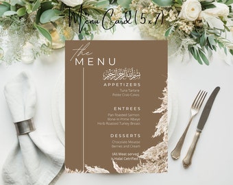 BOHO pampas herbe musulman Menu carte Nikkah Manu carte modèle Message Nikkah Menu imprimable Menu musulman carte modèle Bismillah Menu carte