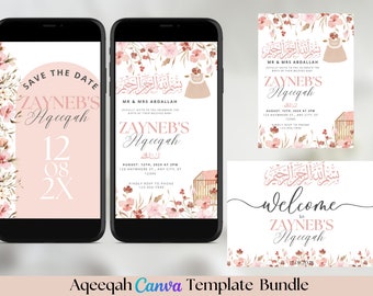 Paquete de invitaciones para Aqeeqah en color rosa, invitación digital y póster (plantilla de Canva)