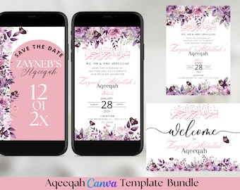 Paquete de invitaciones para Aqeeqah con mariposas moradas, plantilla digital de Canva (vídeo)