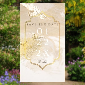 May include: A save the date card with a gold and white abstract background. The text "Save the Date" is in a gold frame. The date "01 22 2X" is written in large gold numbers. The text "إن شاء الله" is written in Arabic in a gold frame.