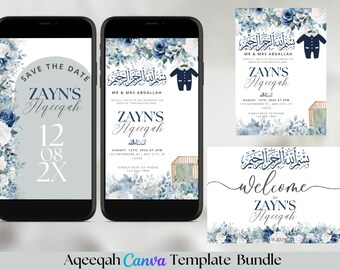 Paquete de invitaciones para Aqeeqah en azul, plantilla moderna de Canva (digital)