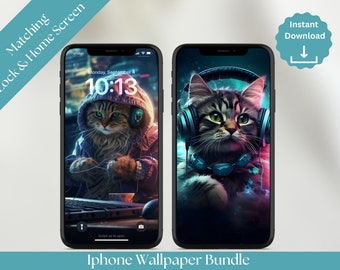 Fondo de pantalla para móvil con diseño de gato gamer, fondo de pantalla de gatito neón para iPhone (descarga digital)
