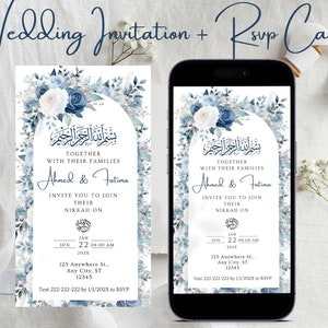 May include: A wedding invitation and RSVP card with a blue and white floral design. The invitation features the text "Together with their families Ahmed & Fatima Invite you to join their Nikkah on Sun Jan 22 09:00 AM 202X 123 Anywhere St., Any City, ST 12345 Text 222-222-222 by 1/1/202X to RSVP".