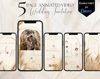 Boho Digital Wedding Invitation Template Bohemian Animated Video Invite Editable Pampas Wedding Invitation Elegant Wedding Invitation Rustic