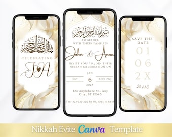 Invito di matrimonio Nikkah in oro e bianco, invito digitale per nozze musulmane