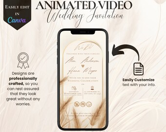 Boho Pampas Wedding Invitation, Animated Video Evite (Digital)