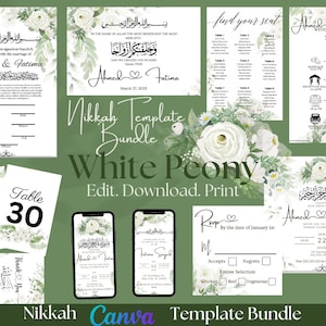 Nikkah Wedding Template Bundle WHITE PEONY Digital Muslim Wedding Invitation Floral Nikah Evite Islamic Walima Printable Nikah Invitation