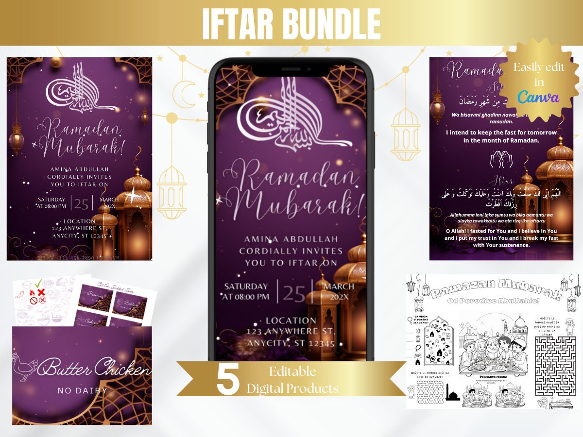 Editable Iftar Invitation Purple Iftar Dinner Invitation Template Iftar Video Invitation Digital Ramadan Iftar Dua Ramadan Printable Iftar
