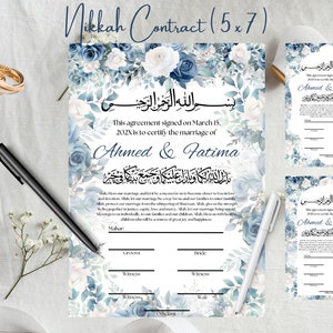 DUSTY BLUE Nikkah Contract Template Floral Luxury Nikkah Contract Nikah Certificate Nikkah Contract Digital Print Canva Nikah Contract Nikah