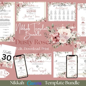 Puede incluir: Paquete de plantillas de invitación de boda floral rosa polvoriento con caligrafía árabe. Incluye un cartel de bienvenida, una tarjeta RSVP, tarjetas de número de mesa, una línea de tiempo de la boda y un documento de ceremonia Nikkah.