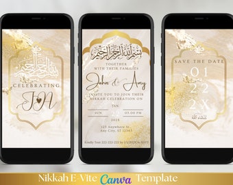 Modèle de faire-part de mariage musulman numérique beige et or Invitation de mariage musulman Bismillah Faire-part de mariage musulman Nikah Evite numérique