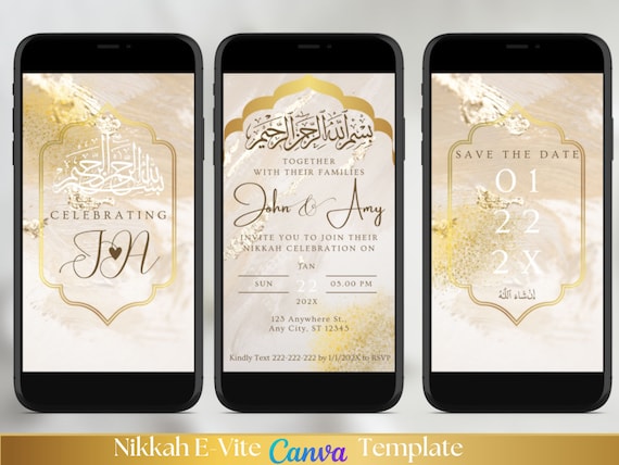 Gold & Beige Digital Nikkah Invitation, Muslim Wedding Evite (Canva Template)