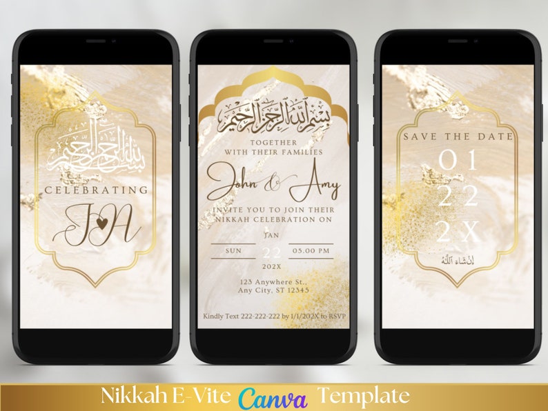 Beige and Gold Digital Nikkah Invite Bismillah Digital Muslim Wedding Invitation Template Muslim Wedding Invitation Digital Nikah Evite image 1