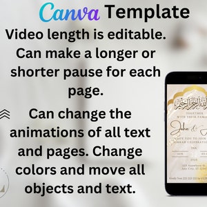 May include: A gold and white digital invitation template for a Nikkah celebration. The template features Arabic calligraphy, a gold border, and the text "John & Amy" in a gold font. The invitation includes the date, time, and location of the event. The text "Kindly Text 222 223 222 by 1/1/202 RSVP" is also included.