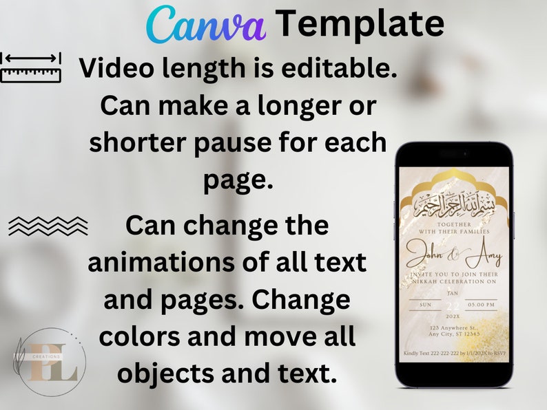 May include: A gold and white digital invitation template for a Nikkah celebration. The template features Arabic calligraphy, a gold border, and the text "John & Amy" in a gold font. The invitation includes the date, time, and location of the event. The text "Kindly Text 222 223 222 by 1/1/202 RSVP" is also included.
