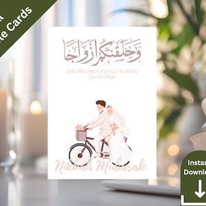 Carte Nikkah Mubarak et nous vous avons créé par paires Couple musulman mignon sur la carte de vélo Carte cadeau Nikkah Carte Nikka Carte d'invité de mariage imprimable