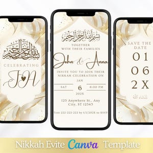 Faire-part de mariage numérique musulman or Bismillah Nikkah Evite Walima Invitation de mariage classique Nikkah Invitation numérique Kateb Kitab