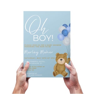 Oh Boy Baby Shower Invitation Template, Beary Blue theme, Easy Editable Template, Digital or Print