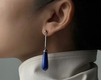 Silver Earrings with Natural Agate and Lapis Lazuli - Minimalist and Oriental Design. LaPetiteCulture 6321
