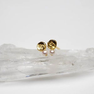 Handmade Solid 24K Gold Pearl Earrings – Minimalist OM Symbol Studs, Pure Gold Jewelry Gift for Her. LPC 6309