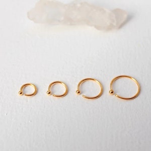 May include: Four gold-colored nose rings of varying sizes are displayed on a white surface. Each ring has a small ball at one end. The rings are arranged in a row, with the smallest on the left and the largest on the right.