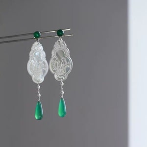 Artisanal 999 Silver Earrings with Mother of Pearl & Green Jade - Hand-Carved Floral Pattern with Clip-On Option. 6277