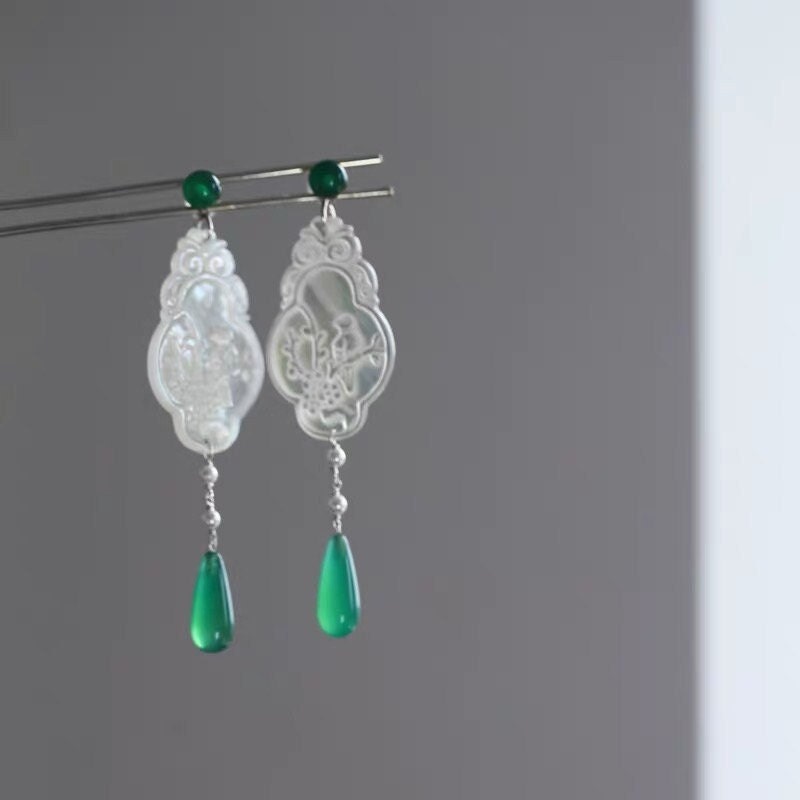 Artisanal 999 Silver Earrings with Mother of Pearl & Green Jade - Hand-Carved Floral Pattern with Clip-On Option. 6277