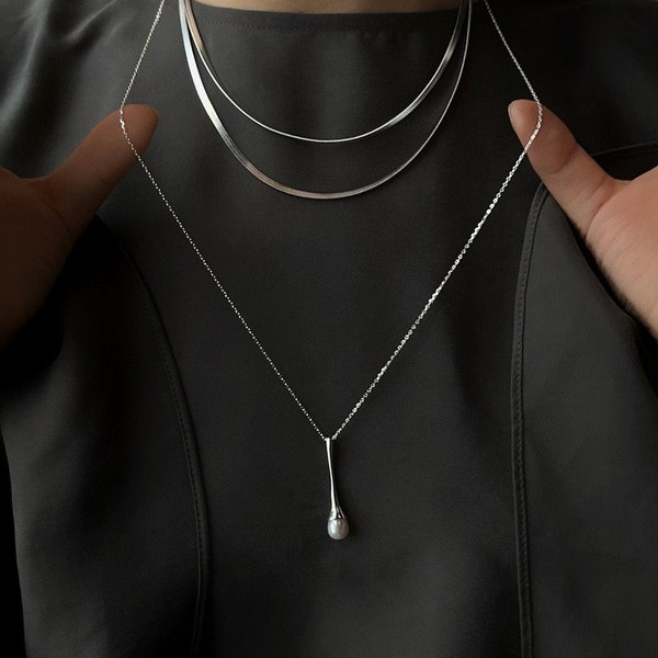 Collier avec Perle en Forme de Goutte d'Eau, Argent, Minimaliste, Accessoire Polyvalent - LPC L330