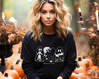 Black Cat Sweatshirt, Ghost Pullover, Cat Crewneck, Black Cat Crew, Black Cat Halloween Sweatshirt