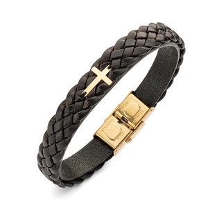 Gepersonaliseerde leren armband met 14 kt gouden kruis – christelijke sieraden voor mannen, religieus cadeau voor hem