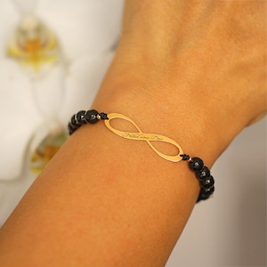 Real 14k Gold Infinite and Onix Woman Bracelet - Custom Engraved Bracelet - Bracelet with Name and Message