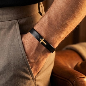 Personalized Leather Bracelet: 14K Gold Cross, Engraved Clasp