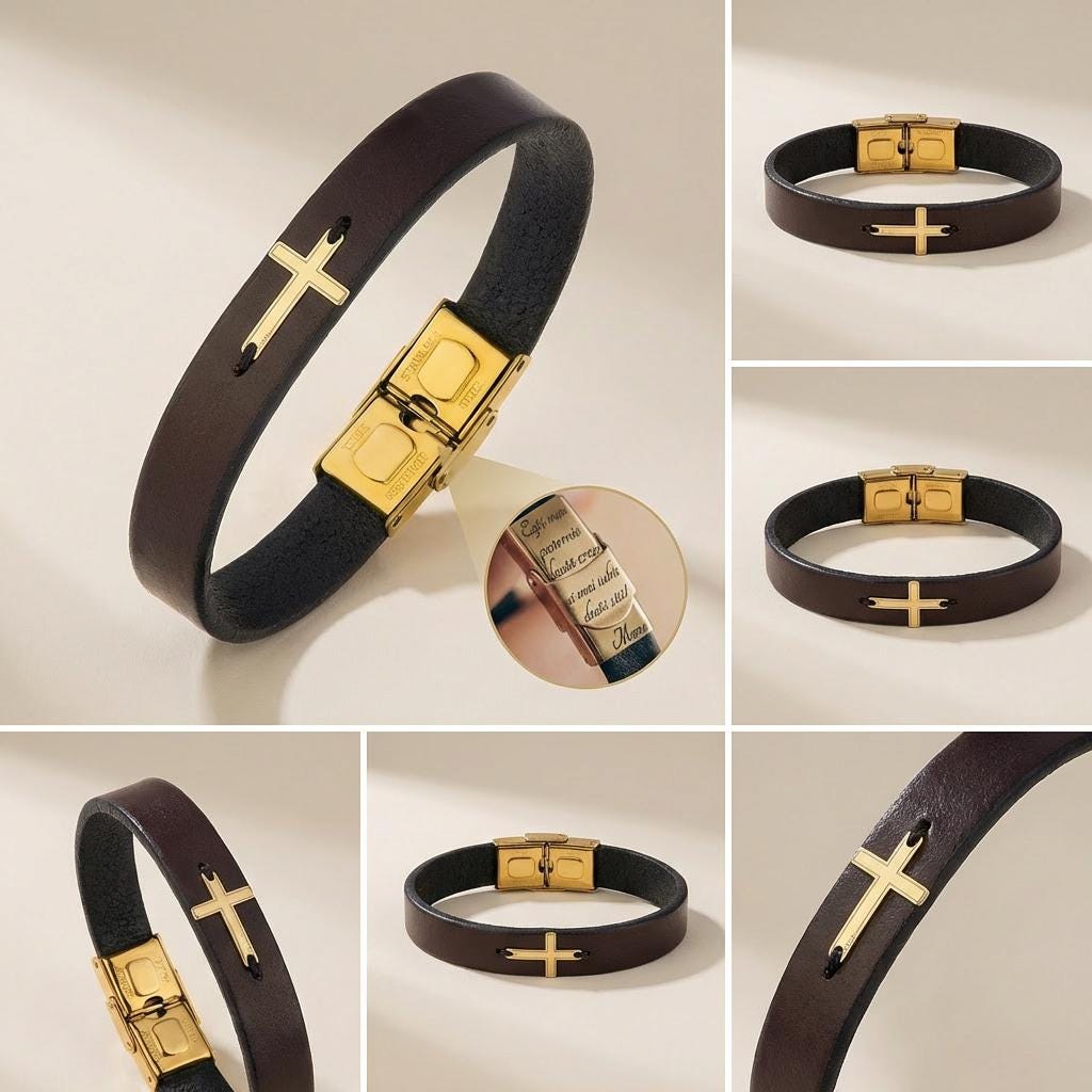 Personalized Leather Bracelet: 14K Gold Cross, Engraved Clasp - Etsy