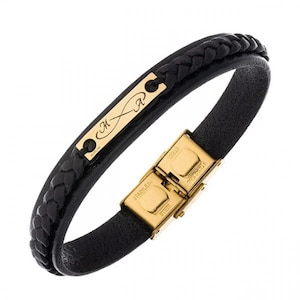 Pulsera de cuero y oro de 14 quilates para hombre. Regalo para novio, aniversario, esposo, pulsera con mensaje de pareja, regalos personalizados para él.