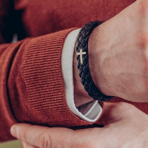 Personalized Braided Leather Bracelet with 14K Gold Cross - Christian Gift
