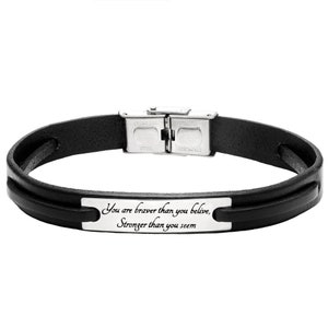Pulsera de plata de ley y cuero genuino para hombre - Pulsera de plata grabada personalizada - Pulsera de cuero con tu propio mensaje