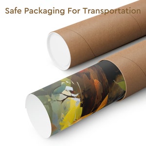 May include: A painting rolled up inside a brown cardboard tube. The painting features abstract shapes in shades of green, yellow, brown, and black. The text "Safe Packaging For Transportation" is visible at the top of the image.