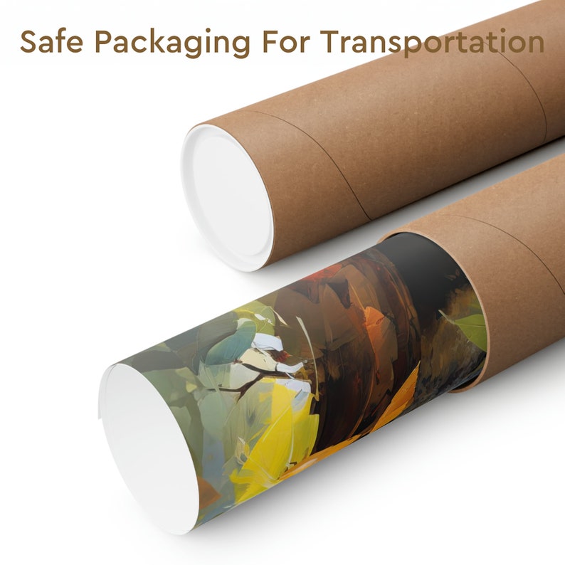May include: A painting rolled up inside a brown cardboard tube. The painting features abstract shapes in shades of green, yellow, brown, and black. The text "Safe Packaging For Transportation" is visible at the top of the image.