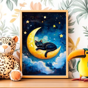 Halbmond Mond Katze Poster, schwarze Katze Druck, Katzenliebhaber, Sternenklare Nacht Wandkunst, niedliches Haustier Kinderzimmer, Kätzchen Malerei, Mondhimmel Dekor